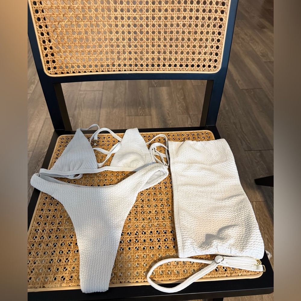 Monday Swimwear White Crinkle 3 Piece Bikini Set